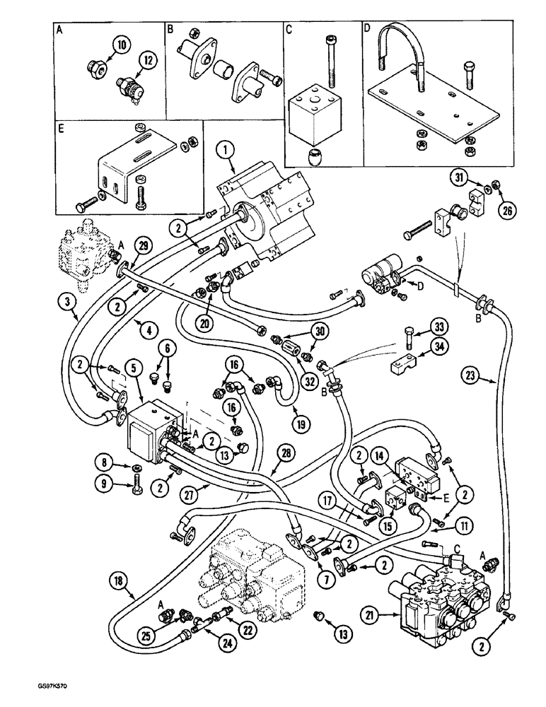 Схема запчастей Case 220B - (8-016) - HYDRAULIC PUMP LINES, HIGH PRESSURE PUMP TO CONTROL VALVES, P.I.N. 03209 AND AFTER (08) - HYDRAULICS