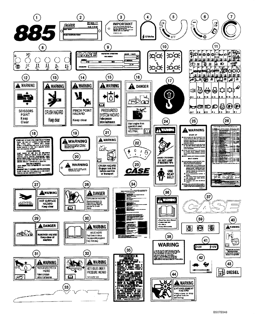 Схема запчастей Case 885 - (09.58[00]) - DECALS (09) - CHASSIS