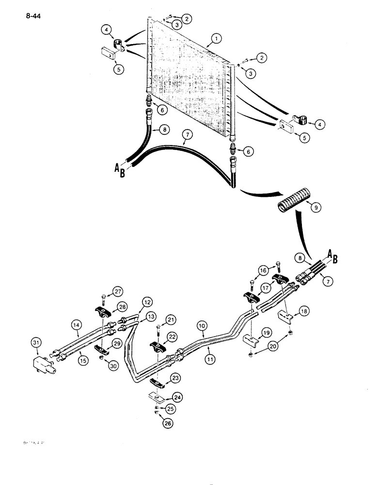 Схема запчастей Case 850D - (8-044) - BACKHOE HYDRAULIC CIRCUIT, COOLING SYSTEM, HOSE CONNECTION ON EACH END OF COOLER, IF USED (08) - HYDRAULICS