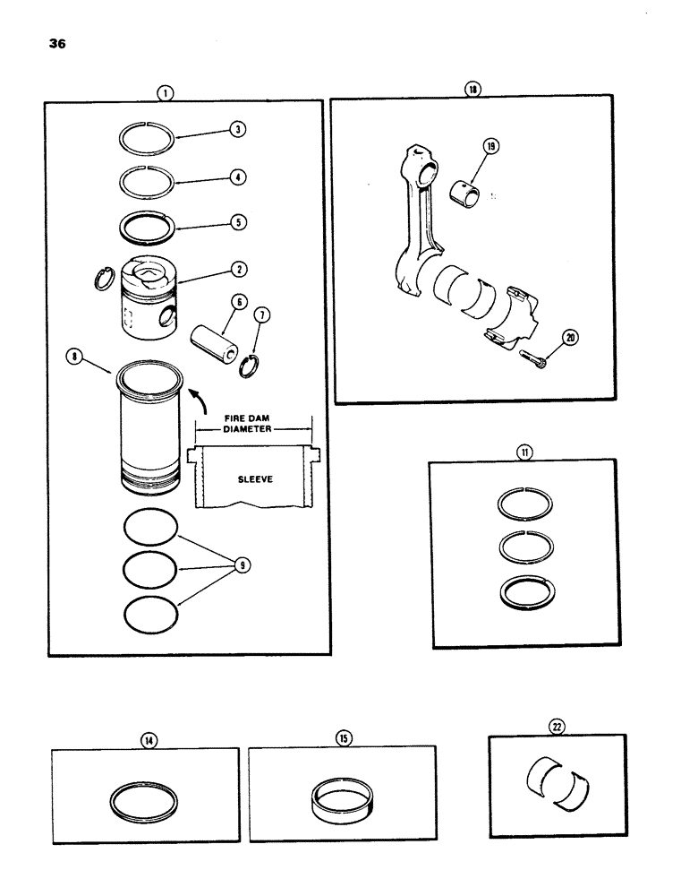 Схема запчастей Case 850B - (036) - PISTONS AND SLEEVES, WITH 5.189" TO 5.194" FIRE DAM DIAMETER SLEEVE 336BD & 336BDT DIESEL ENGINE (01) - ENGINE