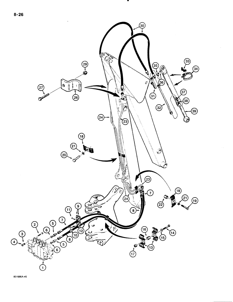 Схема запчастей Case 480E - (8-026) - BACKHOE BUCKET CYLINDER HYDRAULIC CIRCUIT, MODELS W/O EXTENDABLE DIPPER 480E 12 BACKHOE MODELS ONLY (08) - HYDRAULICS