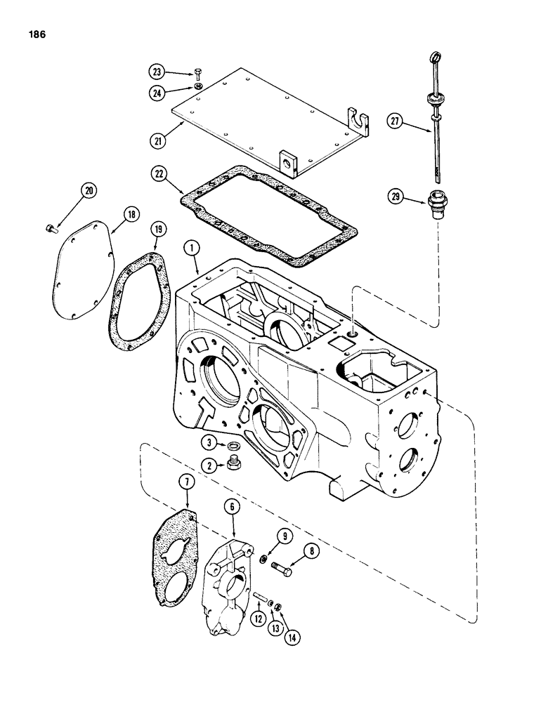 Схема запчастей Case 586D - (186) - TRANSAXLE TRANSMISSION HOUSING, PRIOR TO TRANSMISSION SERIAL NO 16249203, 2WD AND 4WD (21) - TRANSMISSION