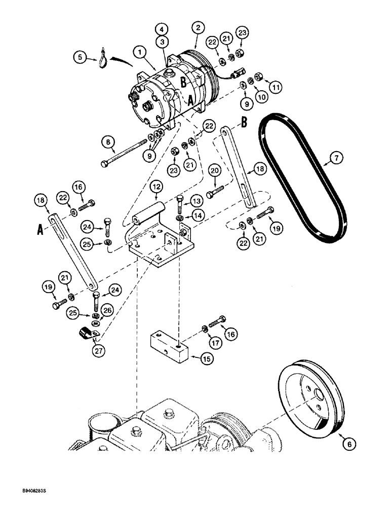 Схема запчастей Case 590L - (9-130) - AIR CONDITIONING, COMPRESSOR MOUNTING AND DRIVE (09) - CHASSIS/ATTACHMENTS