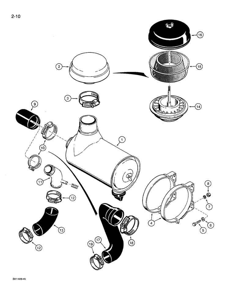 Схема запчастей Case 621 - (2-10) - AIR CLEANER AND AIR INTAKE PARTS (02) - ENGINE