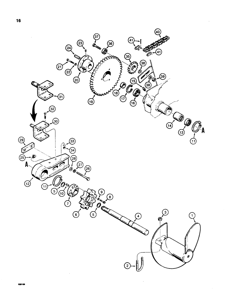 Схема запчастей Case TL200 - (16) - AUGER, SHAFT, AND SPROCKETS 