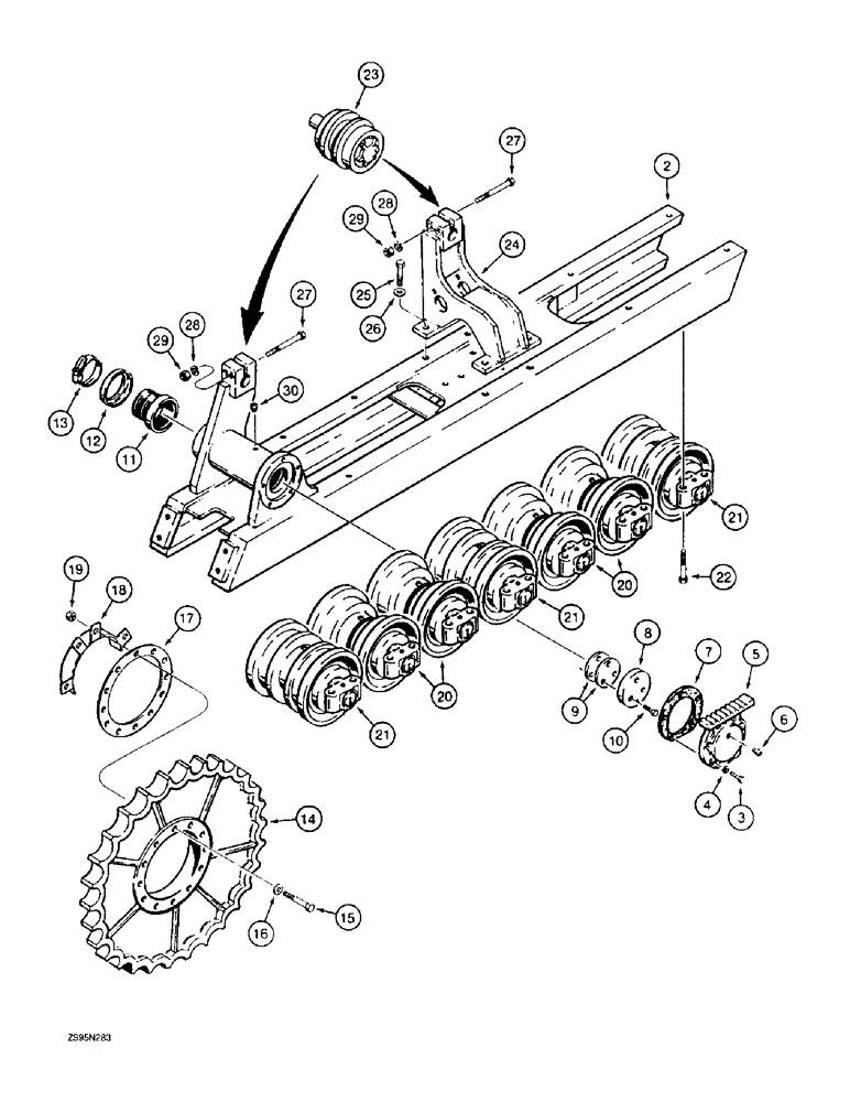 Схема запчастей Case 1150E - (5-08) - TRACK FRAME, SPROCKET, AND ROLLERS, 62 AND 74" GAUGE LONG TRACK MODELS ONLY (11) - TRACKS/STEERING