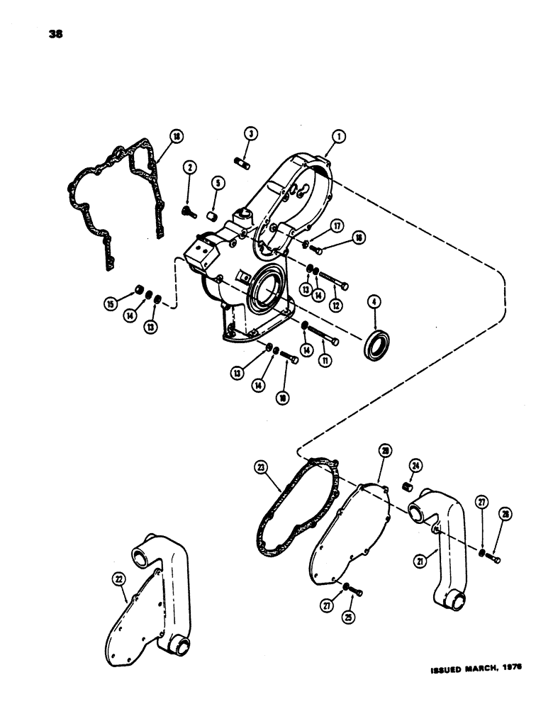 Схема запчастей Case 450 - (038) - TIMING GEAR COVER, (188) DIESEL ENGINE, 1ST USED ENG. S.N. 2728315 (01) - ENGINE