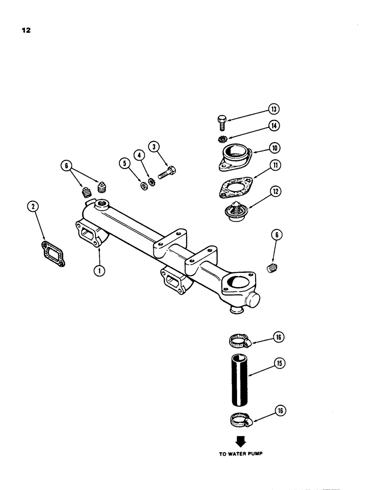 Схема запчастей Case 855C - (012) - WATER MANIFOLD AND THERMOSTAT, 336BD AND 336BDT DIESEL ENGINES (01) - ENGINE