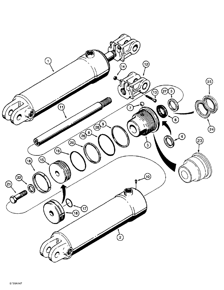 Схема запчастей Case 585E - (8-43) - TILT CYLINDERS, MODELS WITH SINGLE OR DUAL LIFT CYLINDERS, WITHOUT 31 DEGREE FORWARD MAST TILT (08) - HYDRAULICS