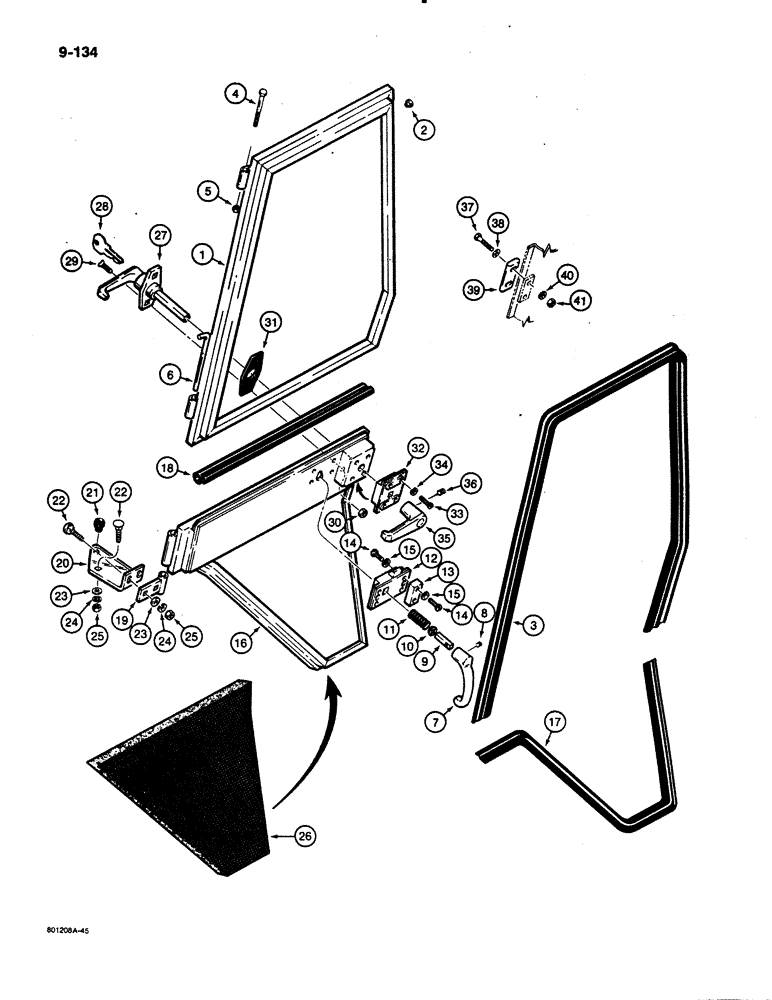 Схема запчастей Case 480E - (9-134) - CAB DOOR AND LEFT-HAND WINDOW, 480E MODELS ONLY (09) - CHASSIS/ATTACHMENTS