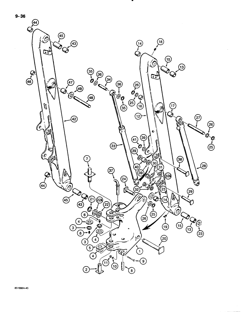 Схема запчастей Case 480E - (9-036) - BACKHOE SWING TOWER AND BOOM, 480E 14 FOOT BACKHOE MODELS ONLY (09) - CHASSIS/ATTACHMENTS