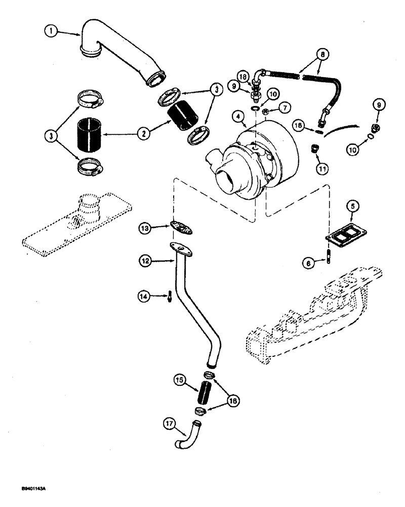 Схема запчастей Case 590 - (2-22) - TURBOCHARGER SYSTEM, 4T-390 ENGINE (02) - ENGINE