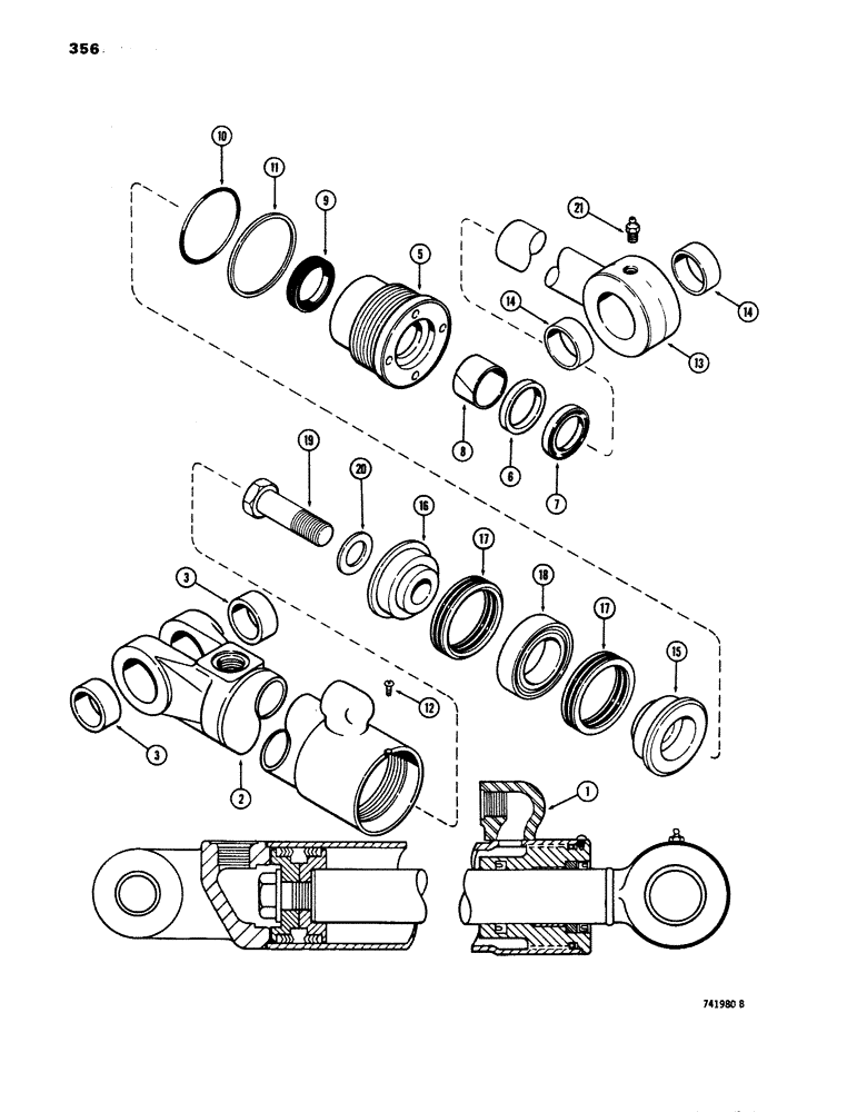 Схема запчастей Case 680E - (356) - G34821 BACKHOE BOOM CYLINDER, WITH TWO PIECE PISTON (35) - HYDRAULIC SYSTEMS