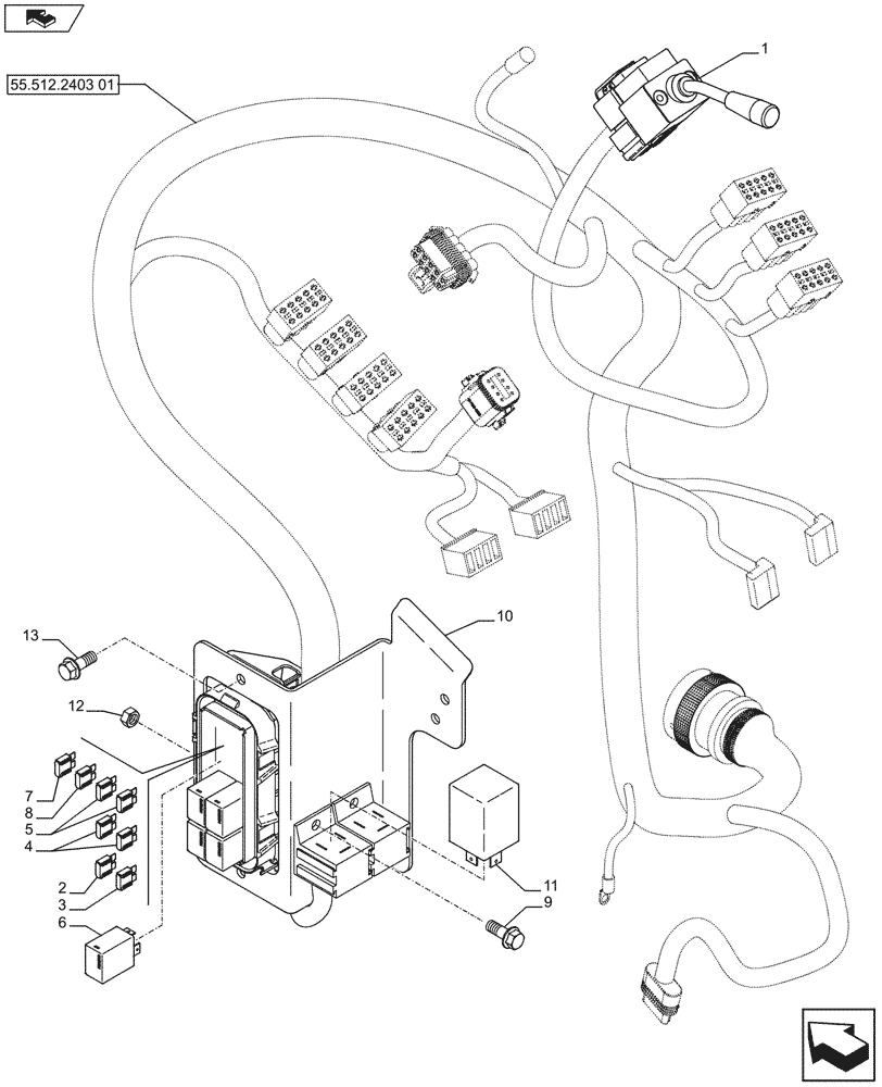 Схема запчастей Case 580SN WT - (55.512.2403[02]) - INSTRUMENT PANEL, FUSE BOX (OPTION) - TRANSMISSION (POWERSHIFT) (55) - ELECTRICAL SYSTEMS