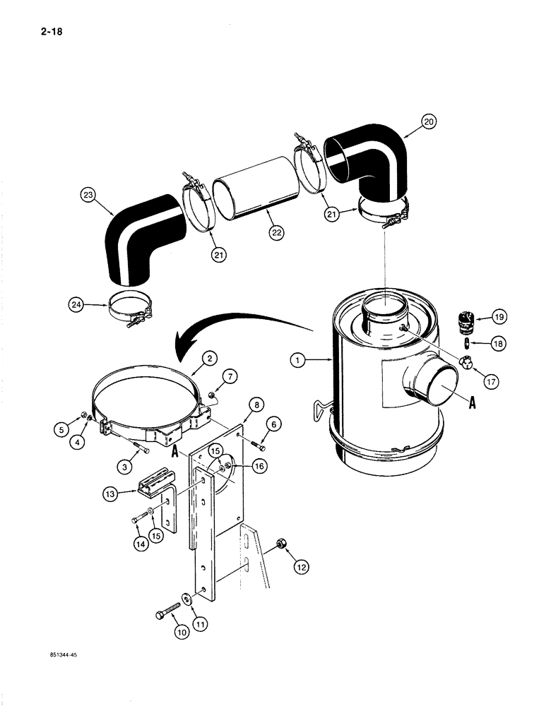 Схема запчастей Case 1187B - (2-18) - AIR CLEANER AND RELATED PARTS, USED ON MODELS WITH DETROIT DIESEL ENGINE (02) - ENGINE