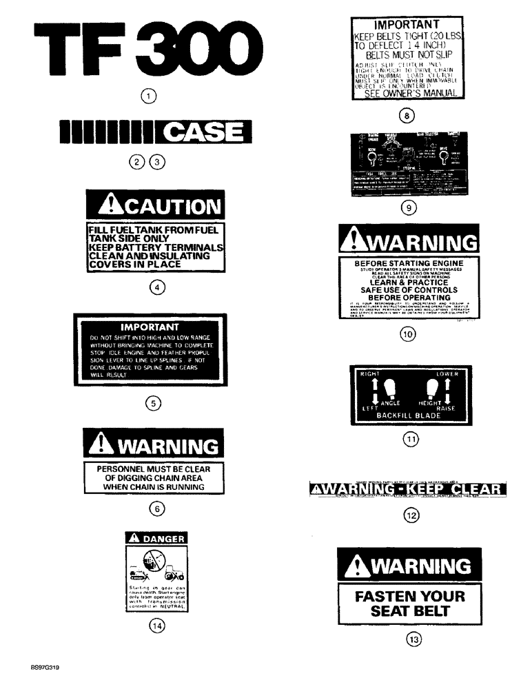 Схема запчастей Case TF300 - (9-86) - DECALS, BLACK MODELS (09) - CHASSIS/ATTACHMENTS