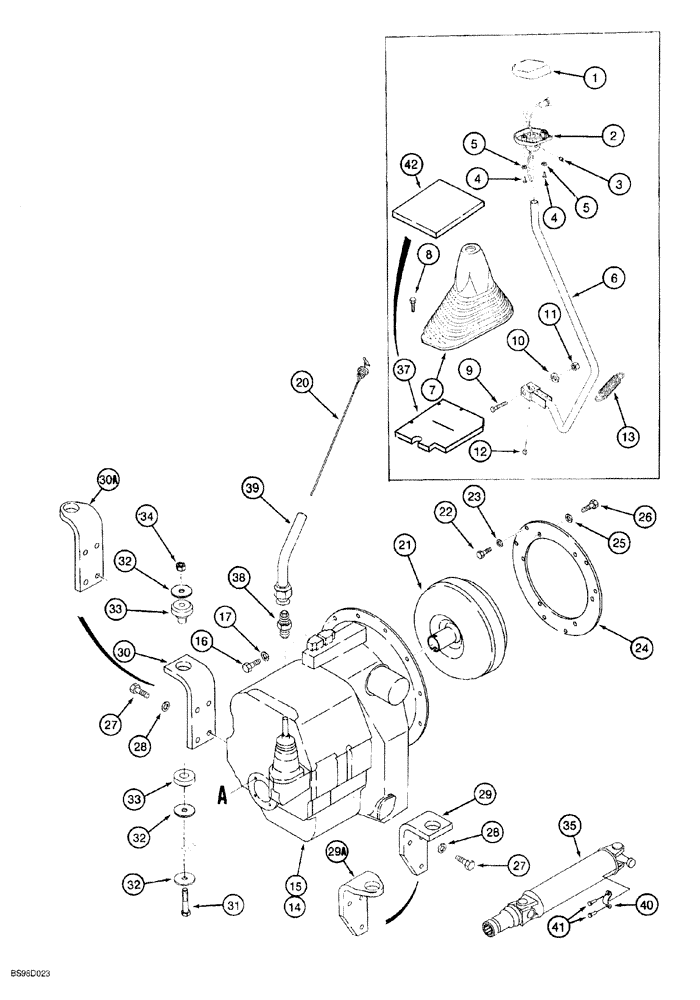 Схема запчастей Case 580SL - (6-028) - TRANSMISSION MOUNTING, DRIVE SHAFT, DIPSTICK AND GEAR SHIFT LEVER, MODELS WITHOUT POWERSHIFT TRANS (06) - POWER TRAIN