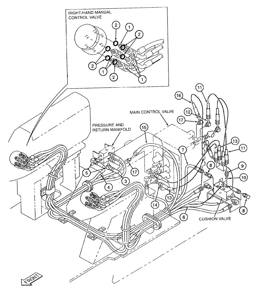 Схема запчастей Case 9020 - (8-028) - R.H. MANUAL CONTROL VALVE PILOT CNTRL LINES, PRESSR & RETRN LINES,BOOM CNTRL LINES,BUCKET CNTRL LINE (08) - HYDRAULICS