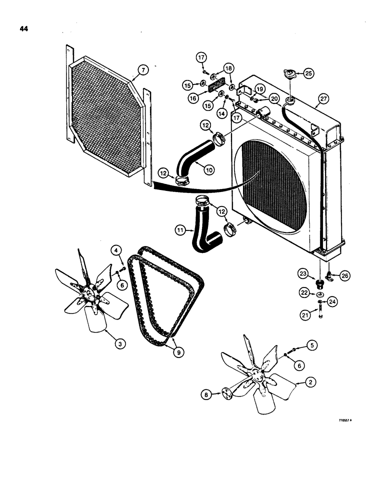 Схема запчастей Case 855C - (044) - RADIATOR, FAN, AND HOSES (01) - ENGINE