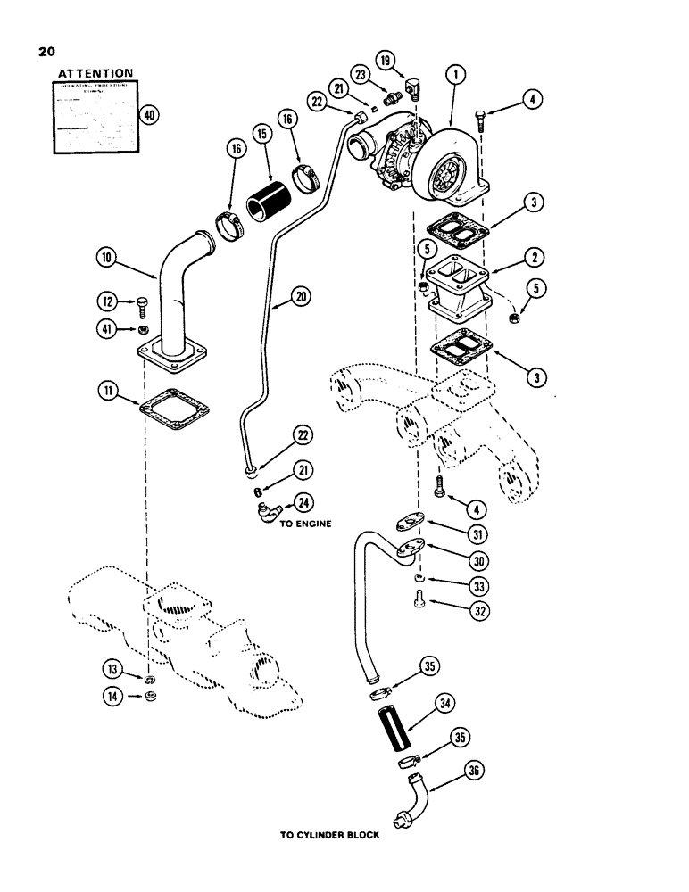 Схема запчастей Case 855C - (020) - TURBOCHARGER SYSTEM, 336BDT TURBOCHARGED ENGINE, ALTITUDE COMPENSATING (01) - ENGINE