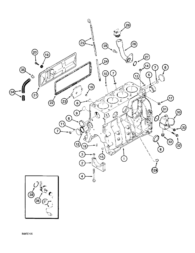 Схема запчастей Case 580L - (2-042) - CYLINDER BLOCK, 4-390 ENGINE (02) - ENGINE