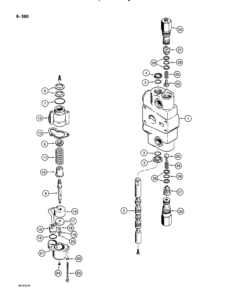 Схема запчастей Case 580K - (08-360) - LOADER CONTROL VALVE BUCKET SECTION W/MAGNETIC DETENT & CIRCUIT RELIEF VALVE (08) - HYDRAULICS