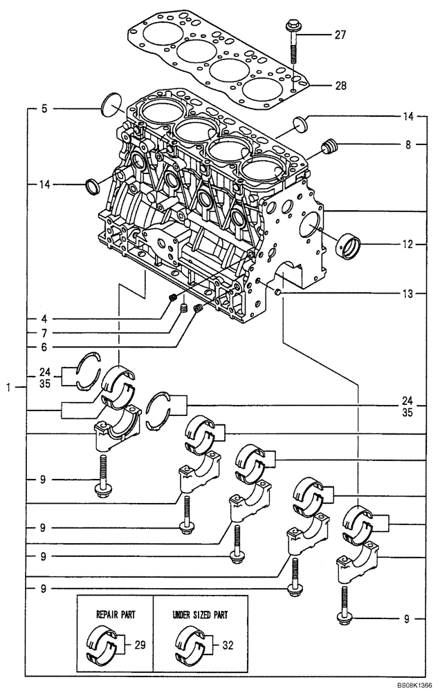 Схема запчастей Case CX50B - (08-001) - CYLINDER BLOCK ENGINE COMPONENTS