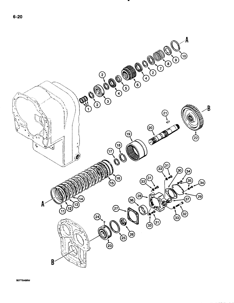 Схема запчастей Case 621 - (6-020) - TRANSMISSION ASSEMBLY, FOURTH CLUTCH SHAFT PARTS, PRIOR TO P.I.N. JAK0020901 (06) - POWER TRAIN