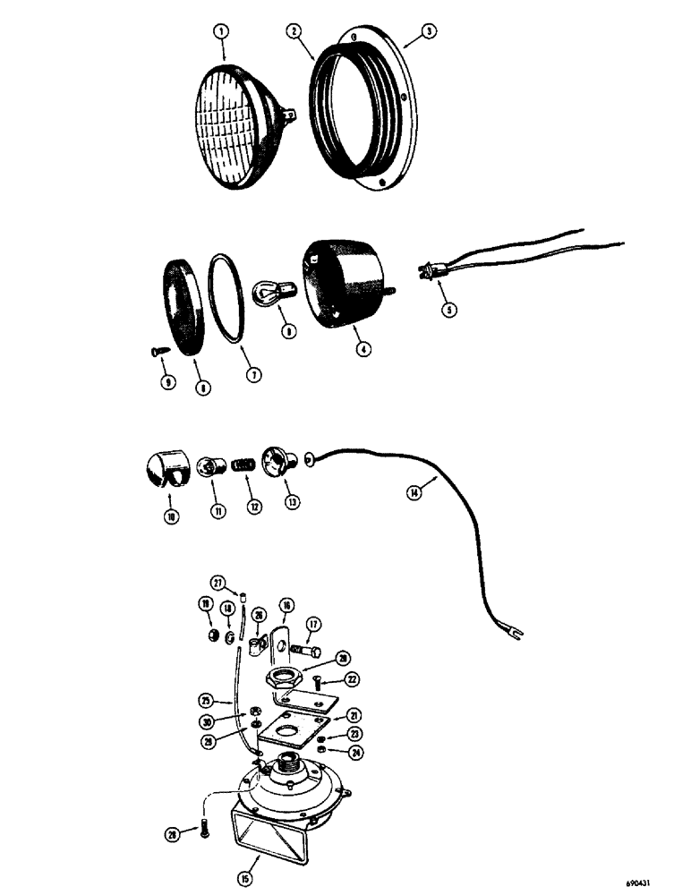 Схема запчастей Case W7 - (136) - A15932 FRONT AND REAR LIGHTS, L10741 STOP LIGHT, A7642 DASH LAMP, A19581 HORN (04) - ELECTRICAL SYSTEMS