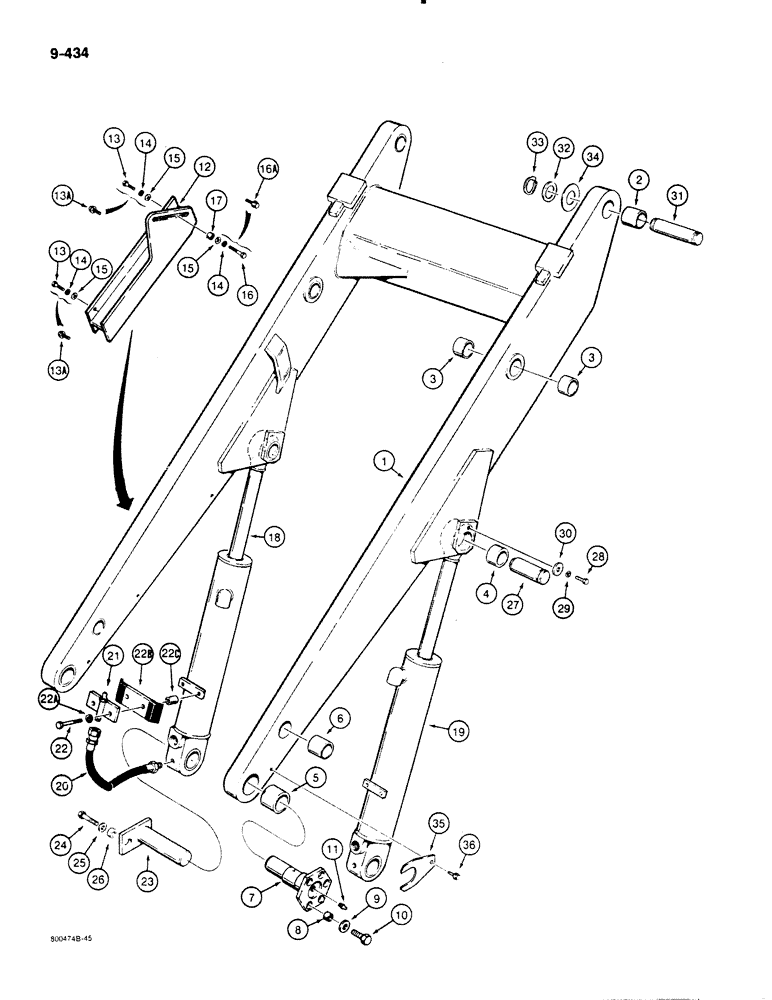 Схема запчастей Case 1455B - (9-434) - LOADER LIFT FRAME, LIFT CYLINDERS AND SUPPORT STRUT (09) - CHASSIS/ATTACHMENTS