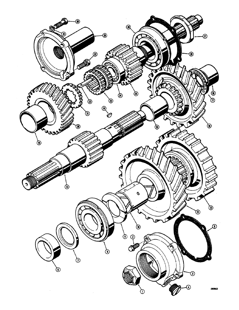 Схема запчастей Case 300 - (032) - TRANSMISSION ASSEMBLY, BEFORE TRACTOR SERIAL NO. 5255, MAINSHAFT AND RELATED PARTS (03) - TRANSMISSION