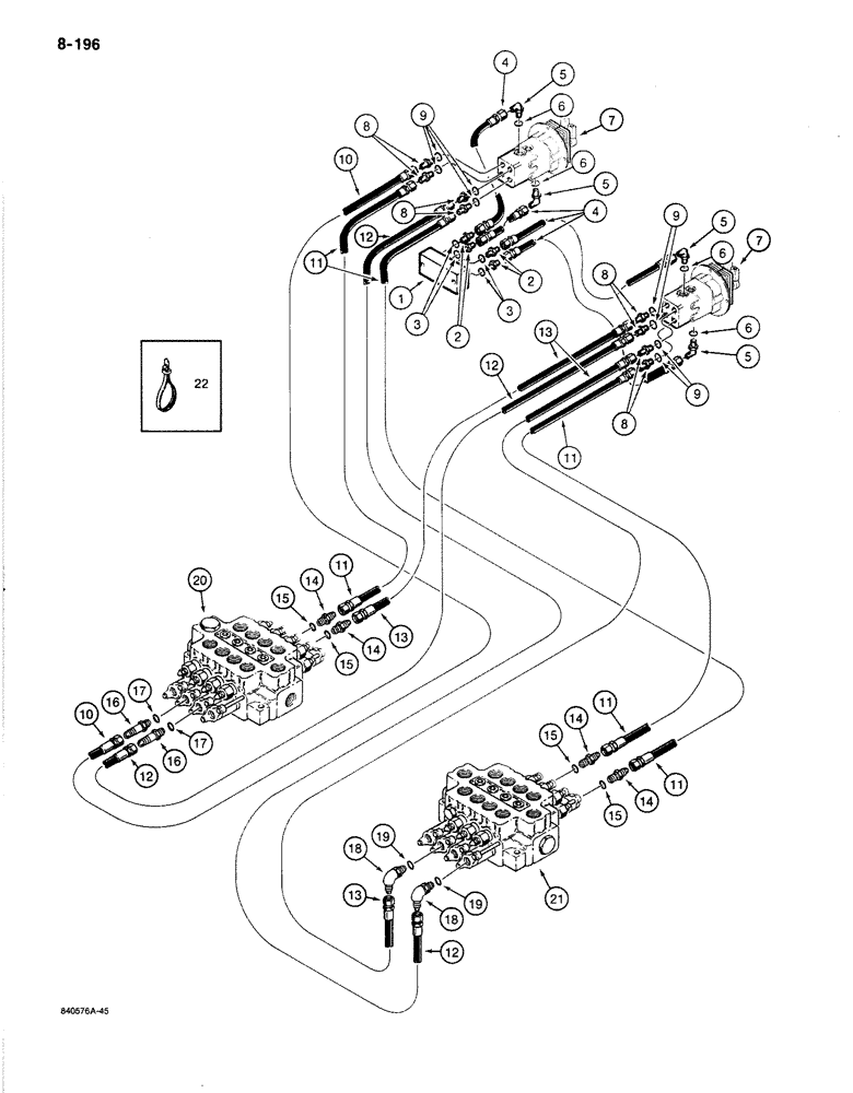 Схема запчастей Case 1080B - (8-196) - HYDRAULIC CIRCUIT FOR CONTROLS, FOOT CONTROL VALVE LINES (08) - HYDRAULICS