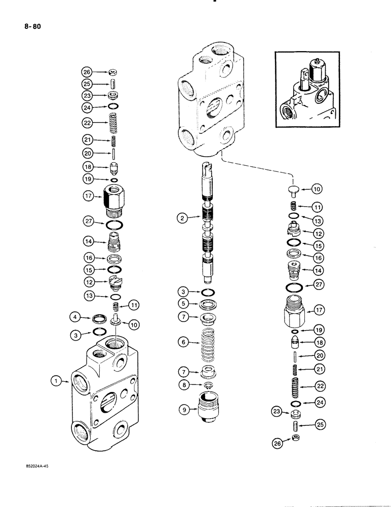 Схема запчастей Case 480E - (8-080) - BACKHOE CONTROL VALVE, DIPPER AND BUCKET SECTION, 480E MODELS ONLY (08) - HYDRAULICS