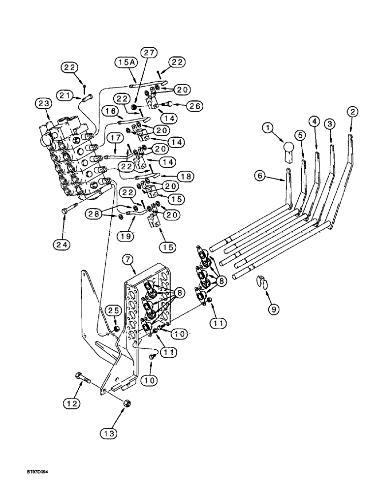 Схема запчастей Case 570LXT - (9-067A) - THREE-POINT HITCH CONTROLS, (THIRD LEVER, REF 4, IS TILT; FOURTH LEVER,REF. 3 IS PITCH) 570LXT MODEL (09) - CHASSIS/ATTACHMENTS