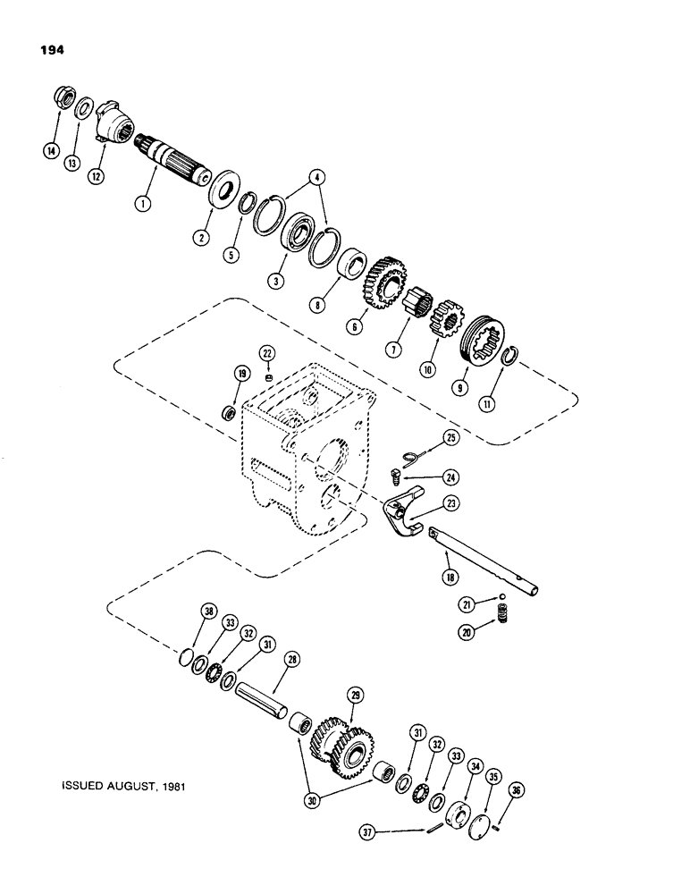 Схема запчастей Case 480C - (194) - RANGE OUTPUT SHAFT, TWO SPEED MECHANICAL SHUTTLE (21) - TRANSMISSION