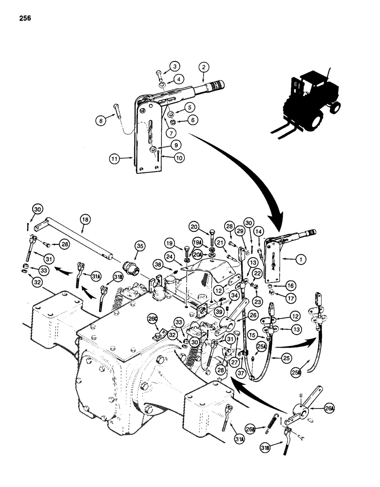 Схема запчастей Case 585D - (256) - PARKING BRAKE LEVER AND LINKAGE, *USED BEFORE TRANSAXLE SN 16270319 (33) - BRAKES & CONTROLS