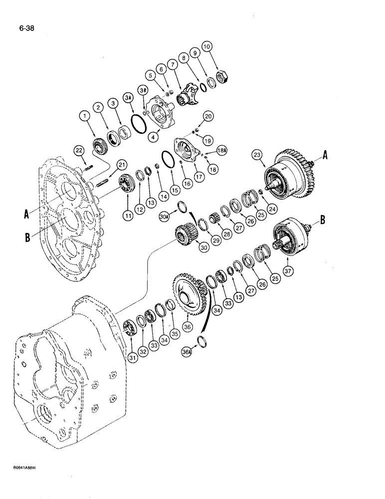 Схема запчастей Case 780D - (6-38) - TRANSMISSION LOW AND THIRD GEARS, TWO WHEEL AND FOUR WHEEL DRIVE MODELS (06) - POWER TRAIN