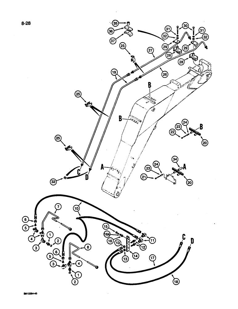 Схема запчастей Case 1187C - (8-28) - ALLIED SAW HYDRAULIC CIRCUIT, TUBES AT BOOM (08) - HYDRAULICS