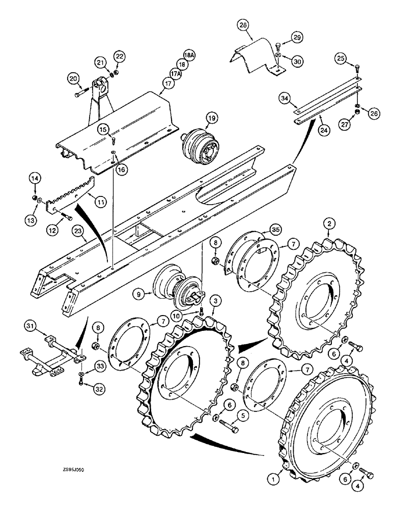 Схема запчастей Case 550E - (5-02) - TRACK FRAME, SPROCKET, ROLLER, AND RECOIL HOUSING (11) - TRACKS/STEERING