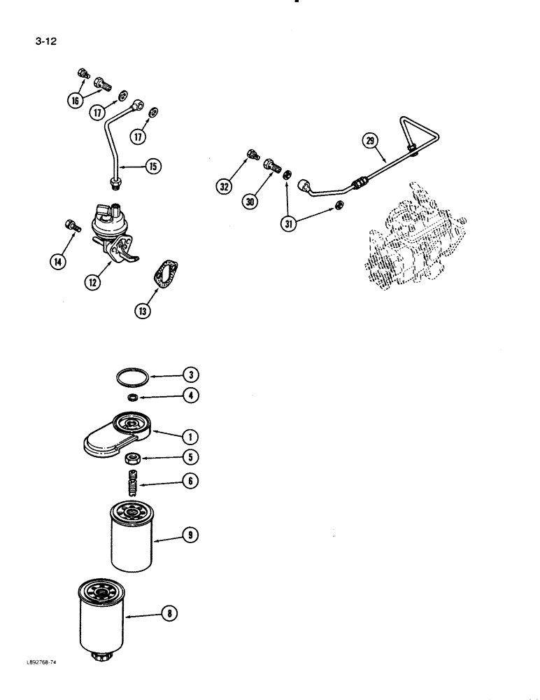 Схема запчастей Case 621 - (3-12) - FUEL FILTER AND LIFT PUMP, 6T-590 ENGINE (03) - FUEL SYSTEM