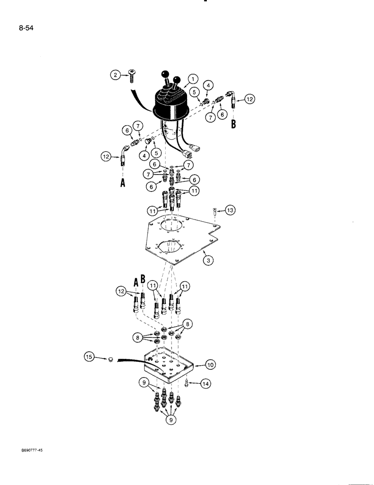 Схема запчастей Case 821 - (8-054) - REMOTE LOADER CONTROL CIRCUIT, DUAL LEVER WITH TWO SPOOL VALVE (08) - HYDRAULICS