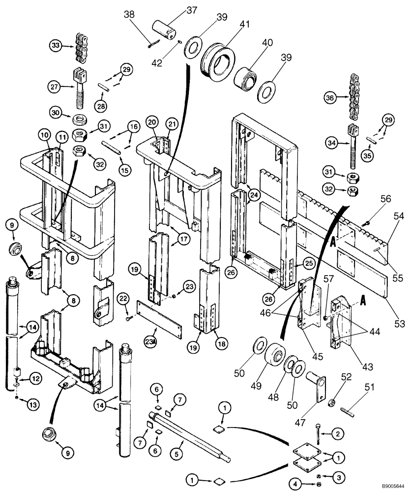 Схема запчастей Case 586E - (9-098) - 6.5 M (21-1/2 FOOT) MAST FOR 586E, MODELS WITH DUAL LIFT CYLINDERS, WITH DEGREE FORWARD MAST TILT (09) - CHASSIS/ATTACHMENTS