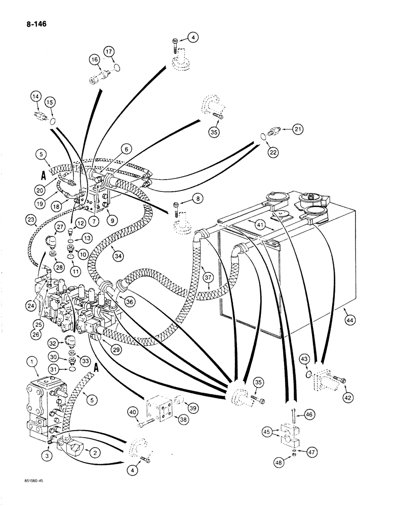 Схема запчастей Case 170B - (8-146) - HYDRAULIC CIRCUIT RETURN LINES, TO FILTERS AT RESERVOIR, P.I.N. 74341 THRU 74352 & 74354 THRU 74360 (08) - HYDRAULICS