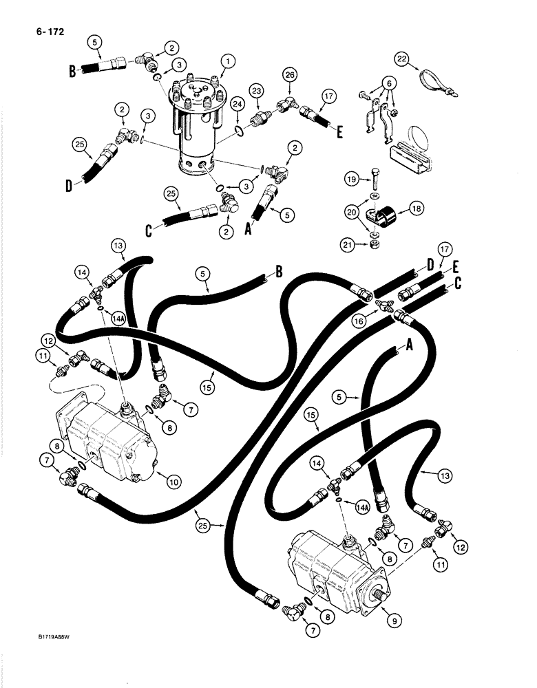 Схема запчастей Case 1187B - (6-172) - TRACK DRIVE HYDRAULIC LINES - LOWER, USED ON MODELS WITH P.I.N. 6275638 AND AFTER (06) - POWER TRAIN