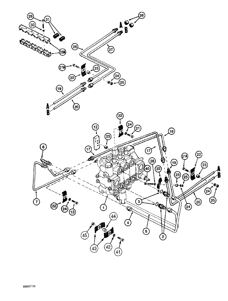 Схема запчастей Case 1150G - (8-018) - TILT HYDRAULIC CIRCUIT, CONTROL VALVE TO GRILLE, JJG0218023 AND JJG0218479 AND AFTER (07) - HYDRAULIC SYSTEM