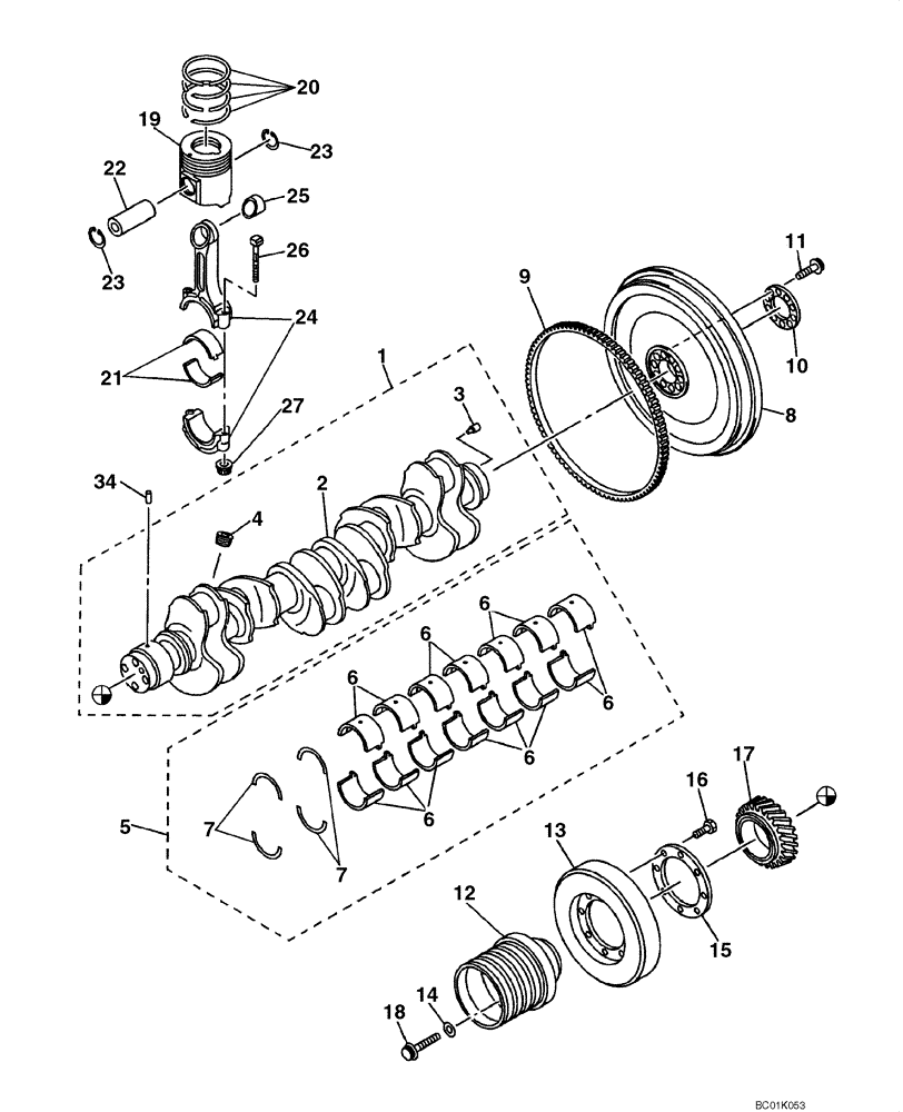 Схема запчастей Case CX800 - (02-28) - PISTONS AND CRANKSHAFT - FLYWHEEL (02) - ENGINE