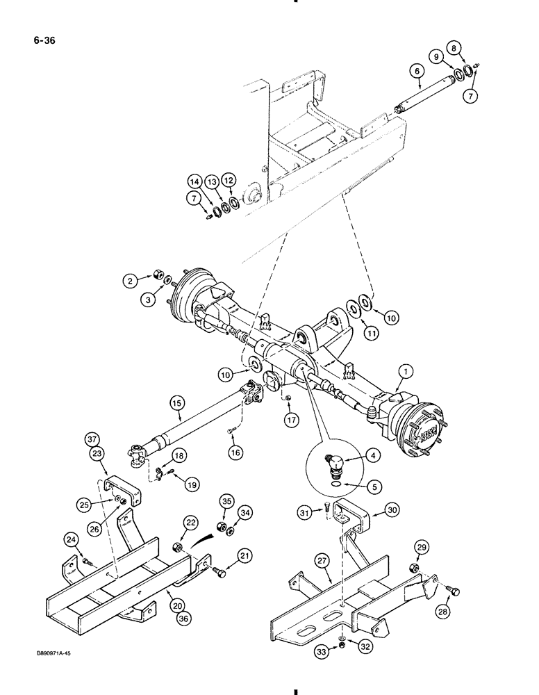 Схема запчастей Case 580K - (6-036) - FRONT DRIVE AXLE MOUNTING AND DRIVE SHAFT, FOR D139510 FRONT DRIVE AXLE (06) - POWER TRAIN