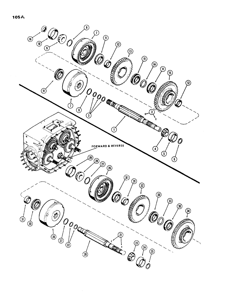 Схема запчастей Case 450 - (105A) - FORWARD-REVERSE CLUTCH AND P.T.O. SHAFT, WITH CONSTANT RUNNING P.T.O. (03) - TRANSMISSION