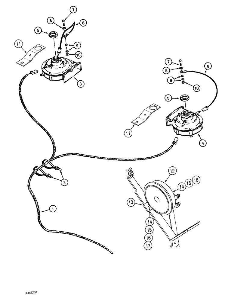 Схема запчастей Case 1150G - (4-034) - HORN, MODELS WITH TWO HORNS (06) - ELECTRICAL SYSTEMS