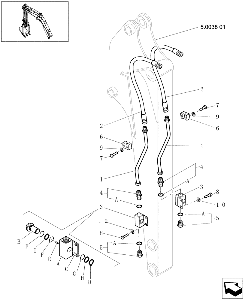 Схема запчастей Case CX27B - (5.0038[03]) - LONG ARM LINES (N&B) - 747330070 (05) - Section 5